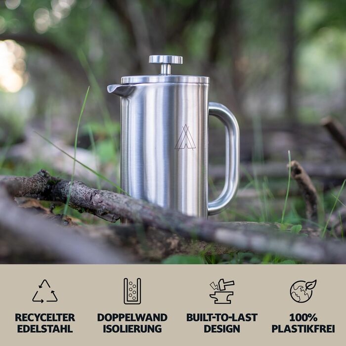 Campo Libre.® Giorgio. French Press Coffee Maker made of double-walled stainless steel, 0.6l | Plastic-free coffee press with thermal function including replacement filter | Coffee maker | 100% recycled stainless steel, 600ml, Matt Steel