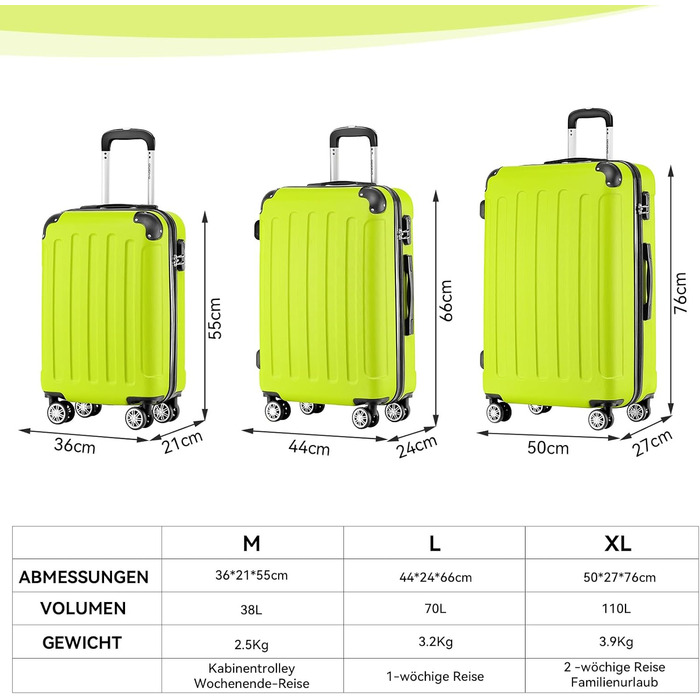 Чемодан Beibye Zwillingsrollen Hardcase XL 66см, зелений - міцний корпус, 14 кольорів