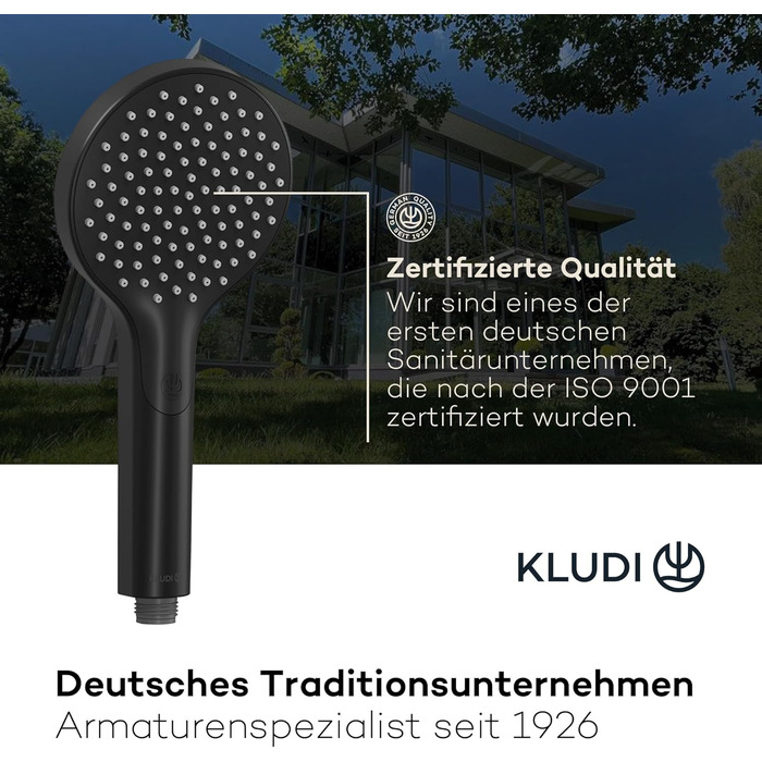KLUDI-X3 Universal Shower Head with Hose, Shower Spray optional water-saving with 3 Spray Patterns (Body, Hair, Skin), easy-to-clean shower head Ø 11.7 cm, shower hose 1.60 m (1 spray pattern, Matte Black)