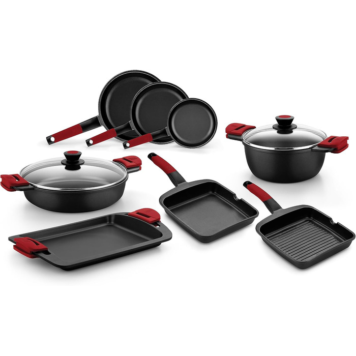 Гриль BRA Premiere смугастий 22 см, алюмінієвий литий, тришаровий з антипригарним покриттям без PFOA, для всіх плит (індукція), червоний