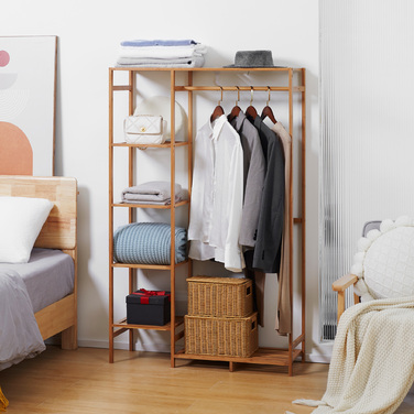 HOMCOM Clothes Rack Coat Stand with Clothes Rod, Shoe Storage, Shelf, Bamboo Wardrobe for Bedroom, Exhibitions, Laundry Room, Utility Room, Natural Wood | Aosom