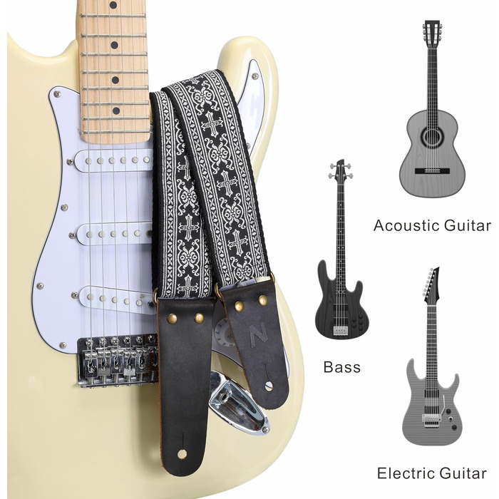Накладки на гітару Nefelibata: 2 шт., з вишивкою, з повного нубуку, з прихованою кишенею, для бас-гітари, електро- та акустичної гітари, безкоштовна пряжка, замок для ременя та медіатор (срібний хрест)