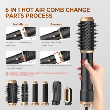 Фен-щітка 6 в 1 Airbrush Pro - комплект для створення зачісок | 1000W, круглі щітки, керлер, фен, щітка для випрямлення волосся, сушарка, щітка для укладки | Для всіх типів волосся - блакитний (чорне золото)