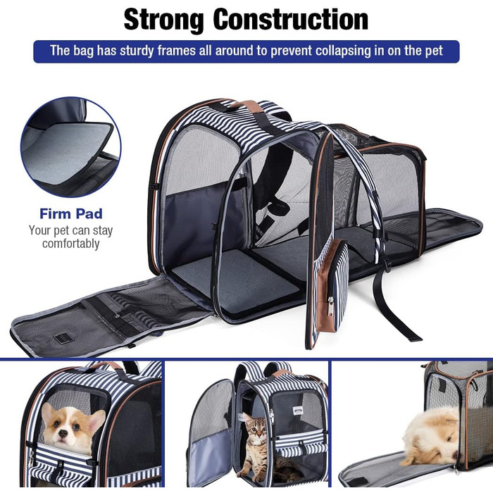 Рюкзак для кота Lekebobor, розширюваний, переноска для тварин, для маленьких собак та середніх котів до 8 кг, складний, для подорожей та походів, блакитний в смужку, 12.6'L x 11.2'W x 16.5'H - L