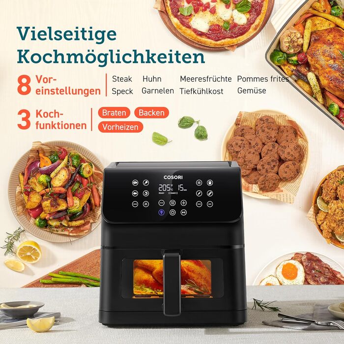 COSORI Air Fryer, 12-in-1 XXL Air Fryer 6.2L, Hot Air Fryer with Viewing Window & Shake Reminder, 80 Recipes, 55 Percent Energy Saving, Dishwasher-Safe Baskets Black Clear Blaze