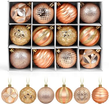 Новорічні кулі для ялинки, пластик, 6 см, набір 12 шт. (рожево-золотий)