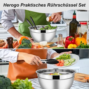 Набір салатниць з кришкою Herogo, 5 шт. з нержавіючої сталі, об'єм 4,5L/2,7L/1,5L/1,2L/0,7L, скляні, для кухні, приготування їжі та сервірування, включає аксесуари для випічки, придатні для миття в посудомийній машині (чорний)