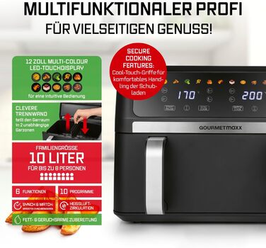 Фритюрниця готувальна повітрям Gourmetmaxx AirGenius 9 л (2 x 4,5 л) з 8 програмами | 2 камери для одночасного приготування | Сенсорний дисплей, для 8 осіб