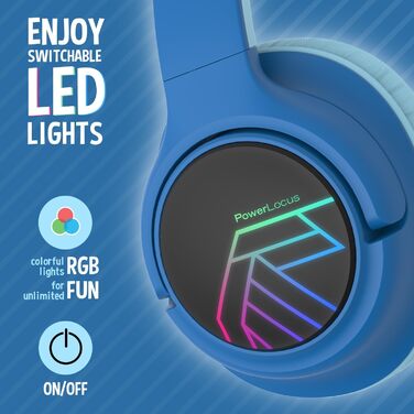 Дитячі навушники PowerLocus Bobo Bluetooth з обмеженням гучності, LED-підсвічуванням, складні, з мікрофоном для телефону/планшета/подорожей (блакитний/чорний)