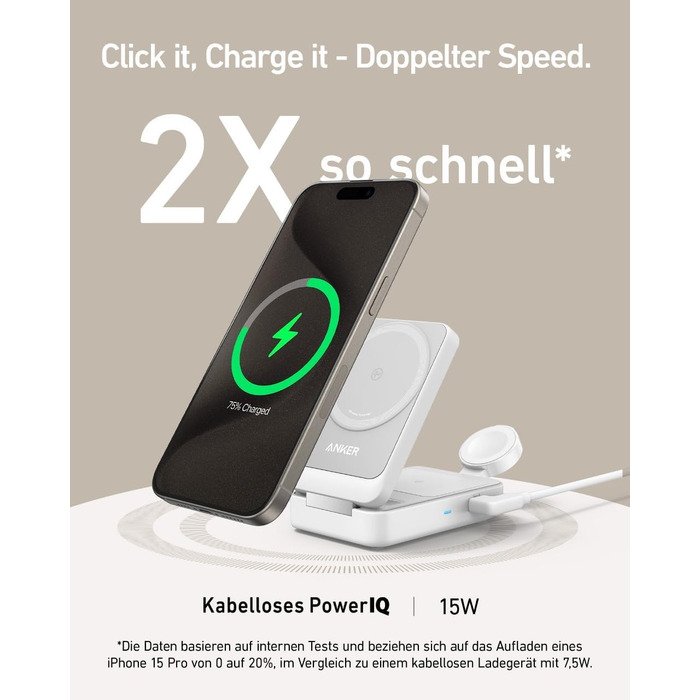 Anker MagGo 3-в-1 Бездротова Зарядна Станція Qi2 15W, Сумісна з MagSafe, для iPhone 17/16/15/14, Apple Watch 9, AirPods (з USB-C адаптером 40W) - Біла