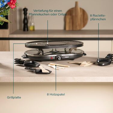 Електричний гриль Princess Raclette 8 панелей, овальний, 1200 Вт, багатофункціональна пластина з секцією для млинців, 42x30 см, чорний, нержавіюча сталь
