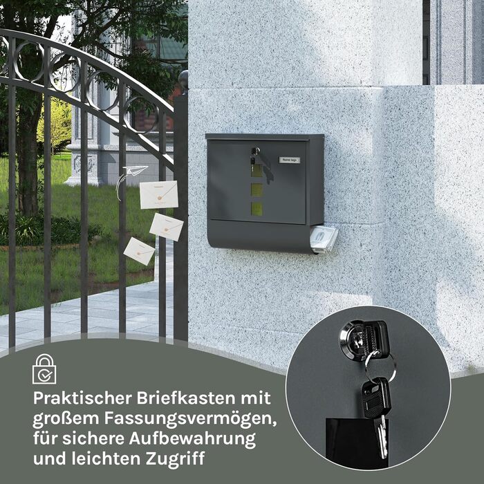 Поштовий ящик WOLTU з газетницею та оглядовим вікном, антрацит, 37x37x10.5 см. Закривається на ключ, з табличкою для імені.