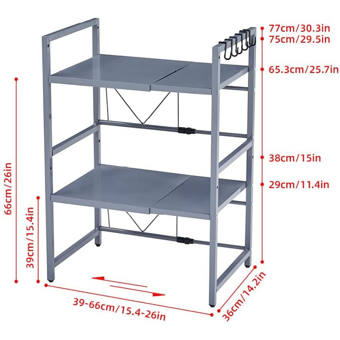 Розширювана полиця для мікрохвильової печі, робоча поверхня над мікрохвильовкою, підставка, органайзер для фритюрниці, економія місця, стояча, полиці пекаря (Чорний/3 (Сірий / 3-ярусна))