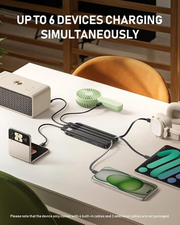 Powerbank Charmast 10000mAh з 4 кабелями, 6 виходами та 3 входами. Сумісний з iPhone, iPad, Samsung. Чорний