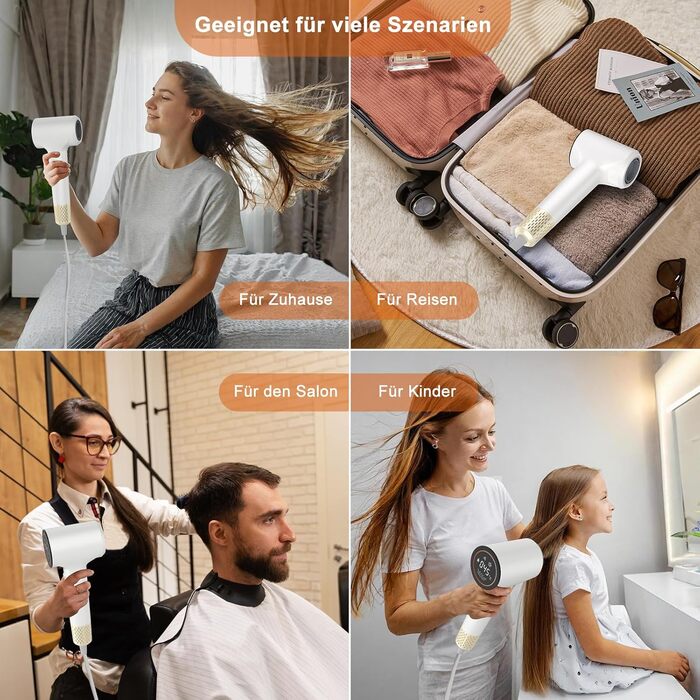 Фен для волосся з плазмою та безщітковим мотором 110 000 об/хв - швидке сушіння, тиха робота, з магнітною насадкою, для дому та подорожей (темно-сірий)