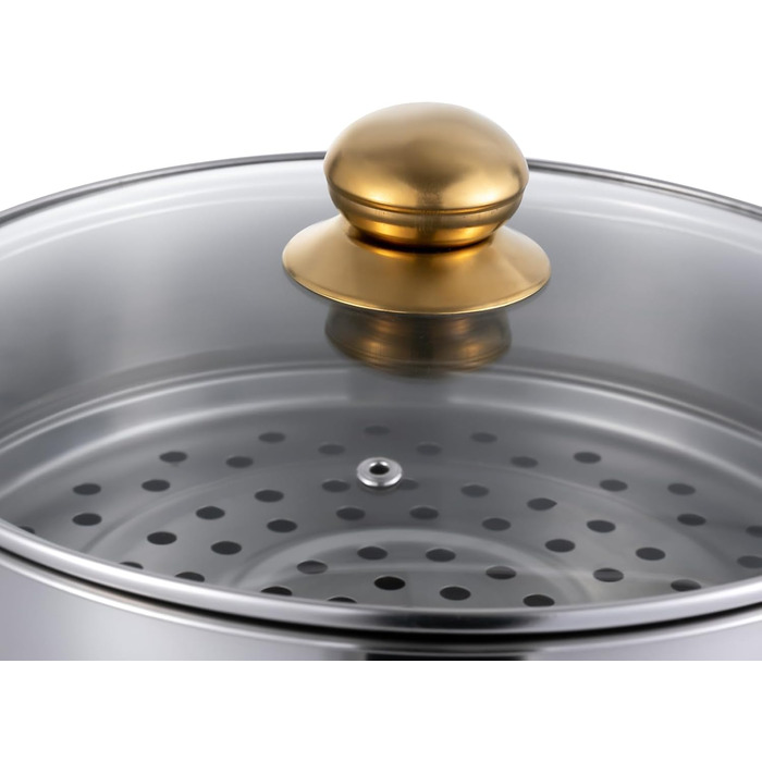 Каструля-пароварка 28 см з 5-шаровою конструкцією та скляною кришкою, з нержавіючої сталі, для приготування на пару, сумісна з індукцією (золота, срібна)