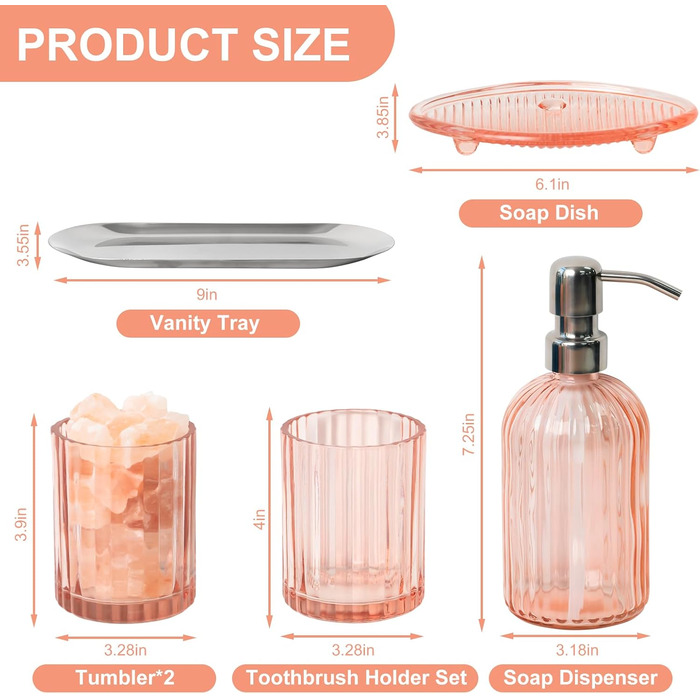 Umimile Bathroom Accessories Set, 6-Piece, Green Glass, Complete Toothbrush Holder, Cup, Lotion Dispenser, Soap Dish, Vanity Organizer, Aromatherapy Cup for Apartment, Bathroom Decor (Pink, 6 Pcs Bathroom Set)