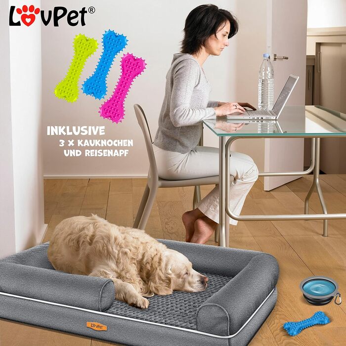 Orthopedic Dog Bed, Dog Cushion, Dog Basket Relax, Incl. Bowl + 3X Chew Bones, Dog Sofa for Small, Medium & Large Dogs, Removable and Washable Cover, 91x71x22cm Anthracite