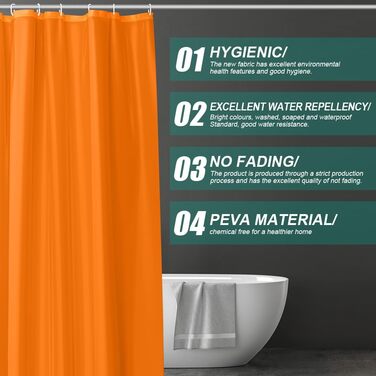 Шторка для душу URAQT, антибактеріальна, водонепроникна, швидковисихаюча, PEVA, 180x180 см, 12 прищіпок, білий/оранжевий