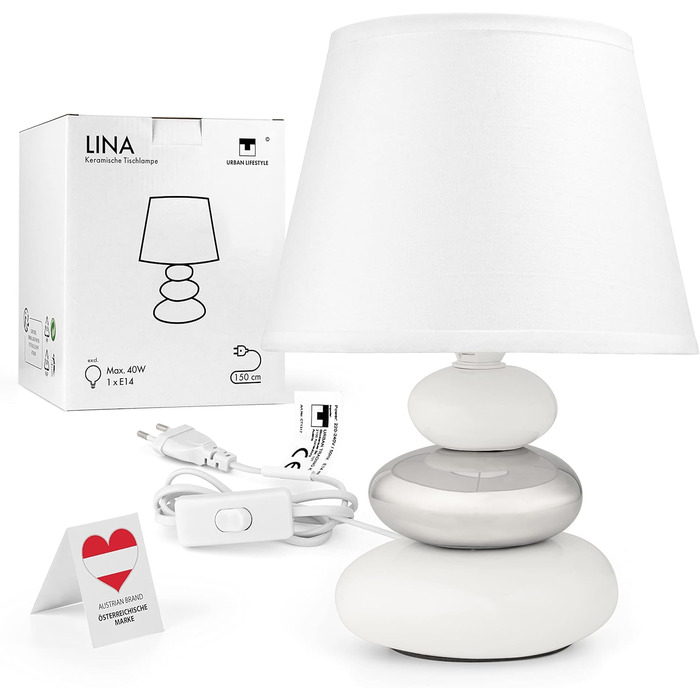 Нічна лампа 'Ліна' - керамічна настільна лампа з абажуром з тканини, сумісна з LED, цоколь E14, 230V, для вікна, дивана, підвіконня (білий/сріблястий)