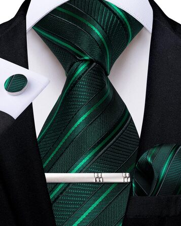 Набір краваток для чоловіків DiBanGu з шовковими смугами та клітинкою, з кишеньковим хустиною, затискачами для краваток та латунними манжетами, для весілля та офіційних заходів, зелений в смужку