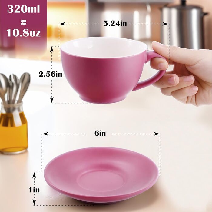 Набір кавових чашок Капучіно Yundu 4 шт. по 300 мл – керамічні чашки з блюдцями, матова палітра темних відтінків для латте-арту та бариста, великий набір мока чашок та блюдець (Матовий фіолетовий)