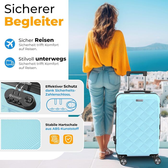 Набір валіз KESSER® 4 шт. | Валізи з ABS, кодований замок, ваги для багажу, органайзер для документів | Ручна та велика валіза для подорожей та бізнесу (Скай Блю)