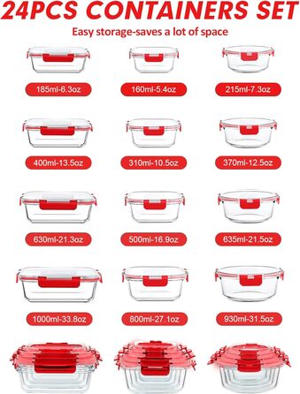 Набір контейнерів Verones 24 шт. з кришками, повітряний, скляний, для обіду, червоний