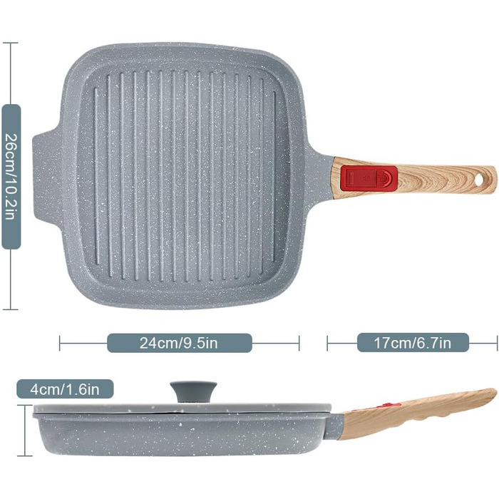 Гриль-сковорода з кришкою 26x24 см з антипригарним керамічним покриттям, знімною ручкою, блакитна