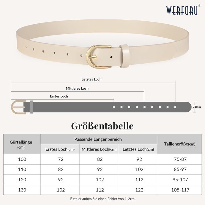 Жіночий шкіряний ремінь WERFORU для джинсів, спідниць та суконь з золотою пряжкою (бежевий, довжина 120 см, під талію 95-107 см)