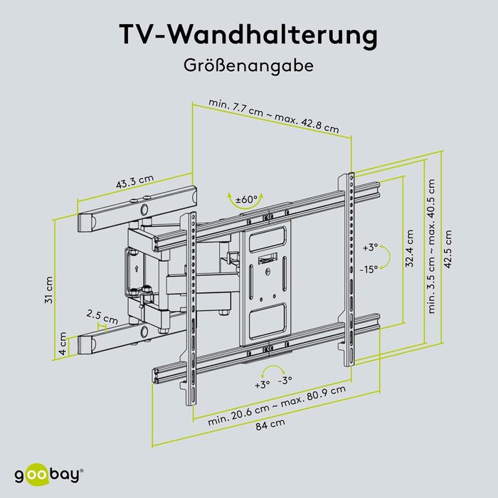 Кріплення для телевізора Goobay TV-Wandhalterung Pro FULLMOTION (XL) – для телевізорів 43-100 дюймів, поворотне, нахильне, максимальне навантаження 60 кг, VESA 800x400, висувний кронштейн, інтегроване кабельне управління, чорний