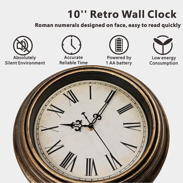 DIYZON Round Classic Wall Clock, Silent No Ticking, 40 cm High-Quality Quartz Vintage Clock, Large Numbers Retro Decorative Clock, Battery Operated, Easy to Read for Home, Kitchen, Dining Room (Gold, 25CM)