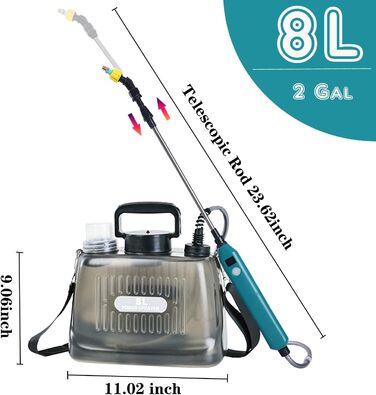 DOUBFIVSY Pressure Sprayer AutoPump, Garden Sprayer Spraying Device with Battery, Electric Plant Sprayer with 3 Nozzles, Telescoping Lance with Visible Battery Level, Transparent Tank (8L)