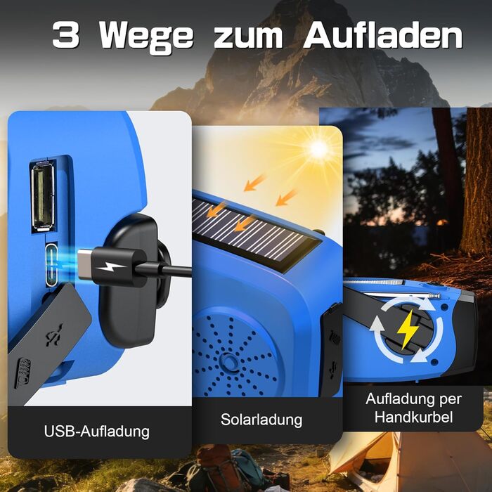 Радіо-кринка Notfall Weltempfänger 4000 mAh (14800 mWh) з 3 кабелями, AM/FM/WB, SOS-сигнал, ліхтарик, блакитне аварійне радіо