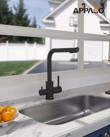 Кран кухонний APPASO 3-в-1 чорного кольору, з трьома виходами, для фільтрації води, поворотний на 360°, з двома важелями, з нержавіючої сталі