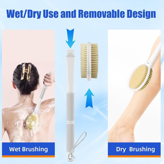 Щітка для спини Elzle Duschbürste: Масажна щітка для тіла з довгим руків'ям, 44 см, для пілінгу та видалення омертвілої шкіри, сірий колір