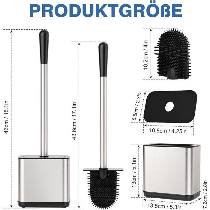 Набір для чищення унітазу FUNPALA з нержавіючої сталі та силікону, 2 насадки, тримач, сріблястий