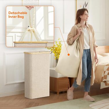 Кошик для білизни Lifewit 65L з кришкою, складаний вузький білизняний контейнер із бамбука з ручкою та мішком для прання, бежевий, для квартири, гуртожитку і кемпера