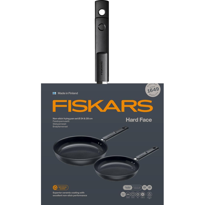 Сковорідки Fiskars Hard Face 24 см і 28 см, антипригарне покриття, для всіх плит, алюміній/пластик, набір 2 шт., чорні