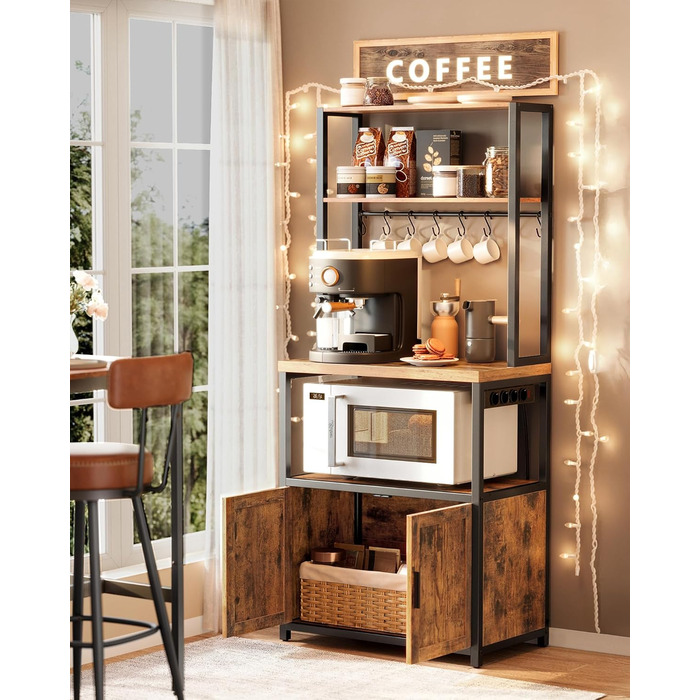 Полиця кухонна VASAGLE з розетками, кухонна шафа, робоча поверхня 90 см, стелаж з 8 гачками, 40 x 60 x 170 см, вінтажний коричневий + чорний, KKS058K02