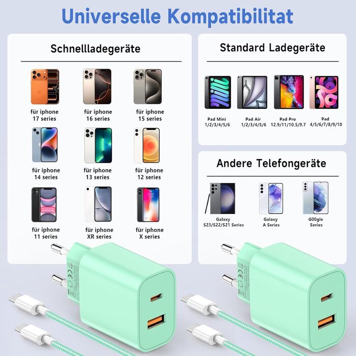 Зарядний пристрій 2 в 1 USB-C 20W з кабелем 2м для iPhone/Samsung/iPad (2 шт., блакитний/зелений)