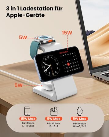 GEEKERA 3-в-1 зарядний пристрій Qi2 з MagSafe, 15W індукційна станція для iPhone 17/16/15/14/13/12, Apple Watch 11-2 та AirPods, білий/сірий