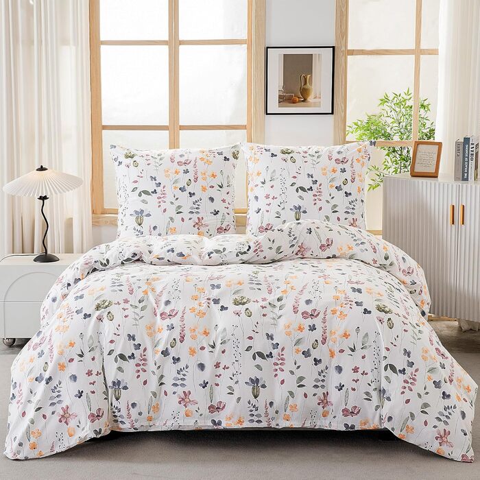 Комплект постільної білизни ATsense 135x200 см, 4 предмети, бавовна, кольоровий рослинно-квітковий принт, сертифікат OEKO-TEX, 2 наволочки 80x80 см, підковдра на блискавці