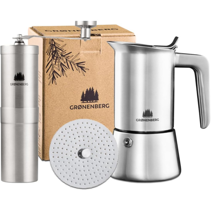 Espresso Maker | High-Quality Espresso Maker Suitable for Induction Made from High-Quality Stainless Steel | Moka Pot for Coffee Lovers (4 Cups + Coffee Grinder)