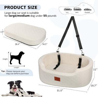 Dog Car Seat for Medium/Large Dogs (up to 25kg) or 2 Small Dogs - with Safety Leashes & Washable Cushion - Back Seat Cover