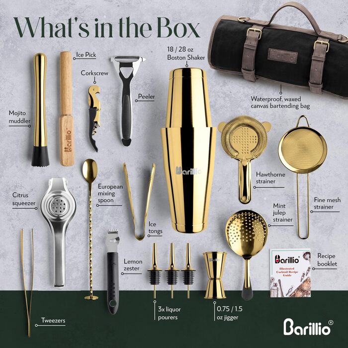 Набір бармена Barillio з золотим шейкером: 17 предметів, сумка для подорожей, вощена тканина - мобільний бар для коктейлів