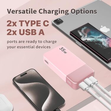 Power Bank NOBIS 20000mAh 35W з кабелем USB-C, рожевий | Портативний зарядний пристрій з цифровим дисплеєм