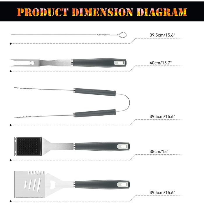 Набір аксесуарів для гриля Premium Grillzubehör Set 10-teilig Edelstahl Rostfrei - 10 предметів з нержавіючої сталі: шпатель, щипці, виделка, щітка для чищення. Для гриля, BBQ, кемпінгу, саду. Міцний набір для гриля.