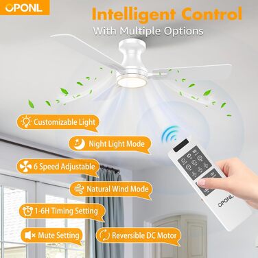 Стельовий вентилятор OPONL з підсвічуванням, 106.7 см, пульт дистанційного керування, висока продуктивність, сучасний дизайн для спальні, кухні, їдальні, подвір'я (білий)