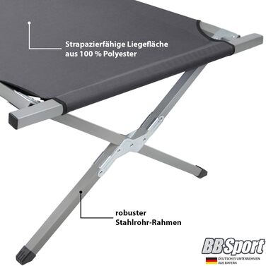 Розкладне ліжко BB Sport для кемпінгу та відпочинку: сталевий каркас, 190x64x41 см, 180 кг, тканина Oxford 600D, сірий колір